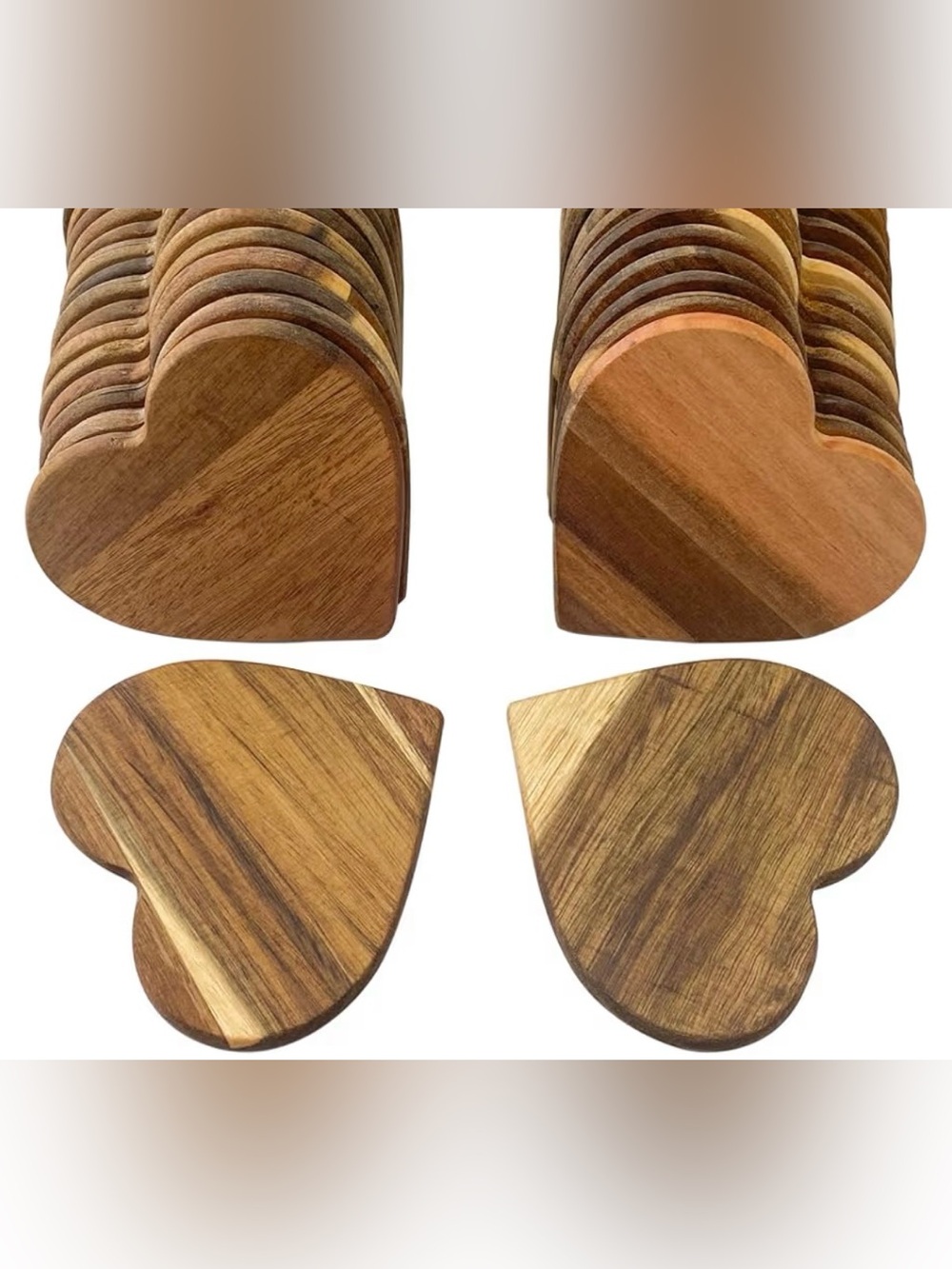 4 Heart-Shaped Wooden Coasters - Natural Brown Set